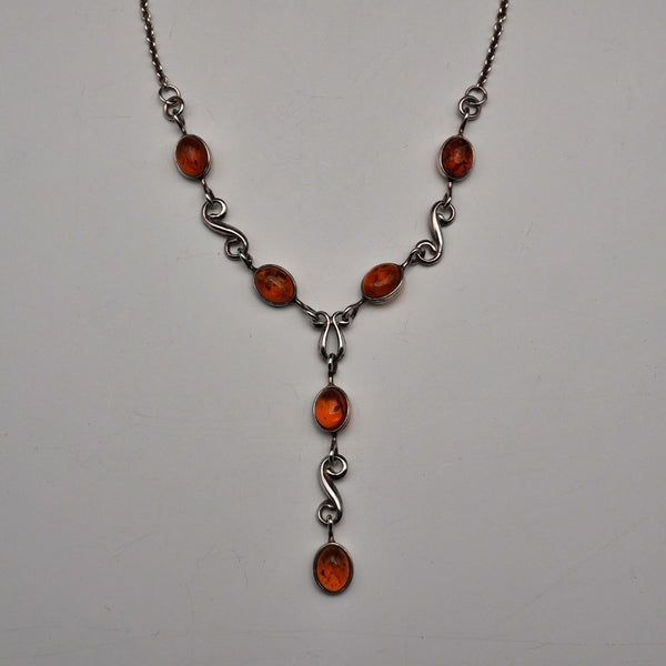 Vintage Sterling Silver & Amber Y-Drop Necklace 48cm 9g