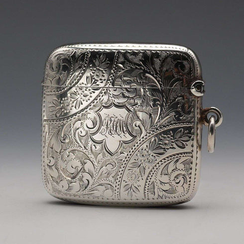 1901 British Antique Sterling Silver Curved Vesta Case for Left-Handed Users 38g Hilliard & Thomason