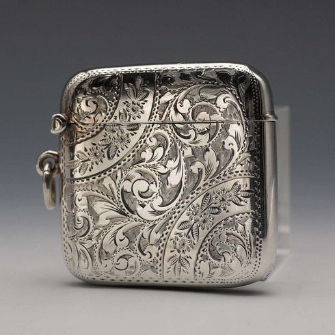 1901 British Antique Sterling Silver Curved Vesta Case for Left-Handed Users 38g Hilliard & Thomason