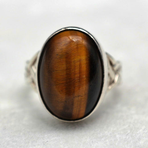 UK Vintage Sterling Silver & Large Tiger's Eye Ring (JP Size 15)