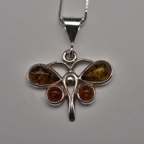 Vintage Sterling Silver & Amber Butterfly Pendant with Sterling Silver Chain