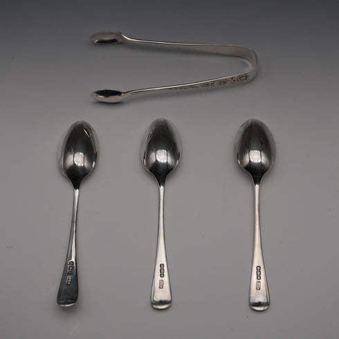 1899年 英国アンティーク 純銀製ティースプーン3本 &シュガートングセット 計76g Gilmour&Watson