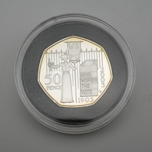 UK 50p Commemorative Silver Coin - 100th Anniversary of the Women's Social and Political Union - Royal Mint with Case and Certificate