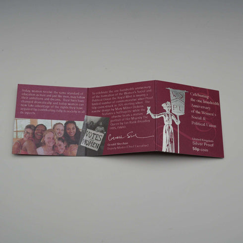UK 50p Commemorative Silver Coin - 100th Anniversary of the Women's Social and Political Union - Royal Mint with Case and Certificate