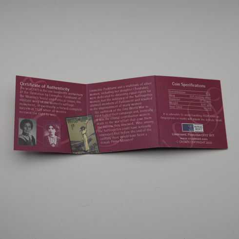UK 50p Commemorative Silver Coin - 100th Anniversary of the Women's Social and Political Union - Royal Mint with Case and Certificate