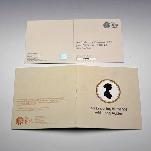 UK Two-Pound Commemorative Silver Coin Jane Austen 200th Anniversary of Her Death Royal Mint With Case and Certificate