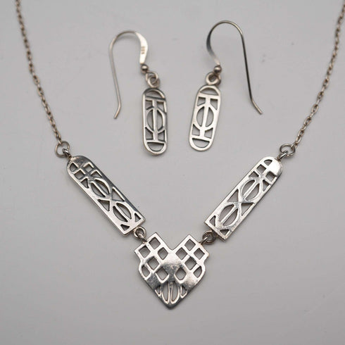 British Vintage Rennie Mackintosh Style Sterling Silver Necklace & Earrings Kit Heath