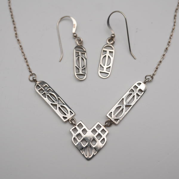 British Vintage Rennie Mackintosh Style Sterling Silver Necklace & Earrings Kit Heath