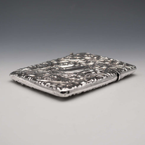 1904 English Antique Embossed Sterling Silver Card Case 62g L&W