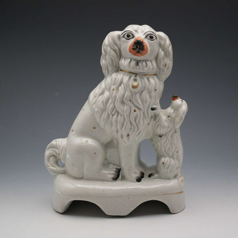 Late 19th Century English Antique Staffordshire Dogs, Parent and Child on Base, 20cm High