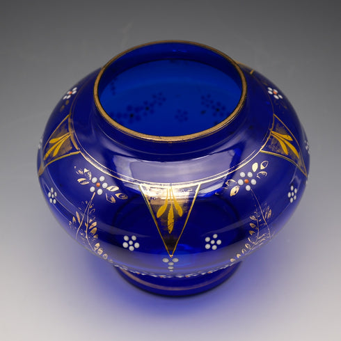 British Vintage Victorian Style Blue Glass Enamel Decorated Flower Vase