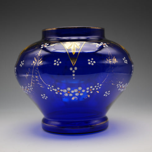 British Vintage Victorian Style Blue Glass Enamel Decorated Flower Vase