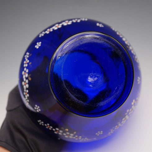 British Vintage Victorian Style Blue Glass Enamel Decorated Flower Vase