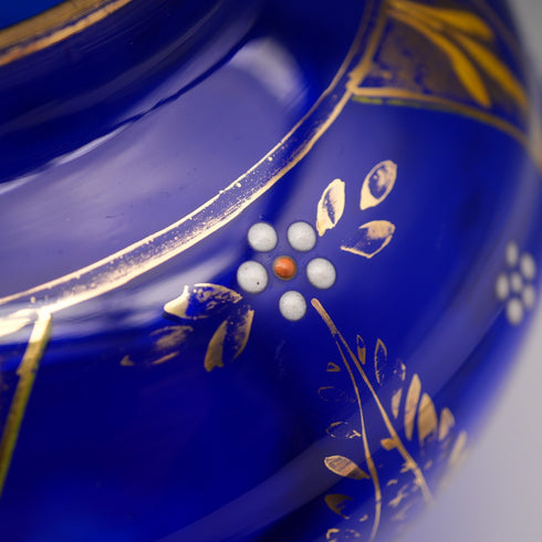 British Vintage Victorian Style Blue Glass Enamel Decorated Flower Vase