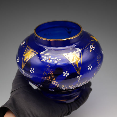 British Vintage Victorian Style Blue Glass Enamel Decorated Flower Vase