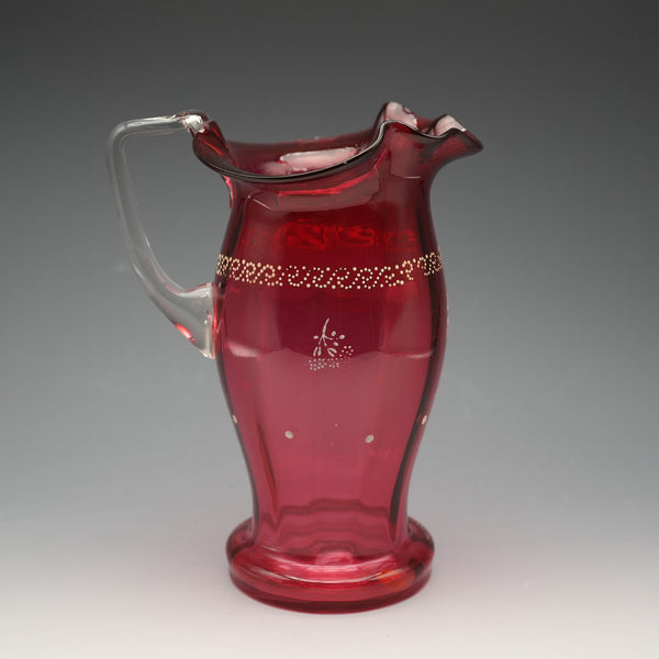 UK Vintage Victorian Cranberry Glass Enamel Decorated Jug