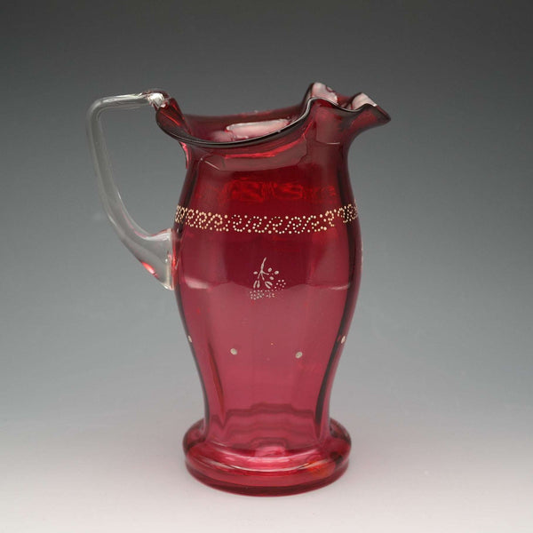 UK Vintage Victorian Cranberry Glass Enamel Decorated Jug