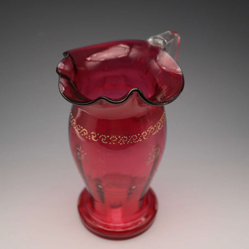 UK Vintage Victorian Cranberry Glass Enamel Decorated Jug