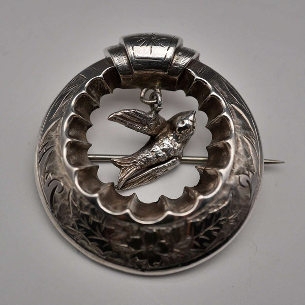 Antique Sterling Silver Swing Bird Engraved Circle Brooch