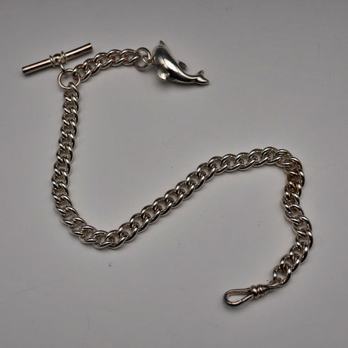 Vintage Silver-Plated Albert Chain with Dolphin Fob