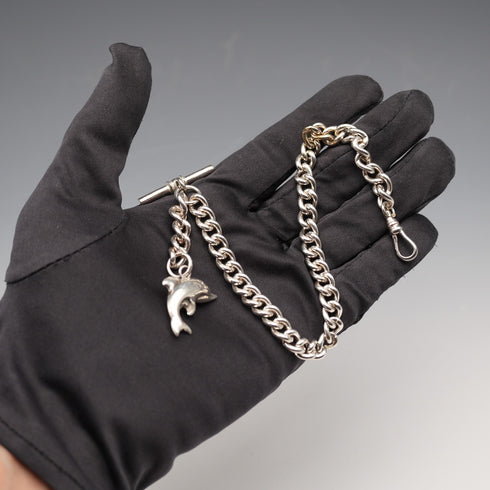 Vintage Silver-Plated Albert Chain with Dolphin Fob