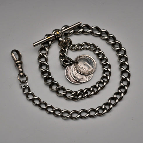 Vintage Silver Plated Albert Chain with 3 Pence Coin Fob