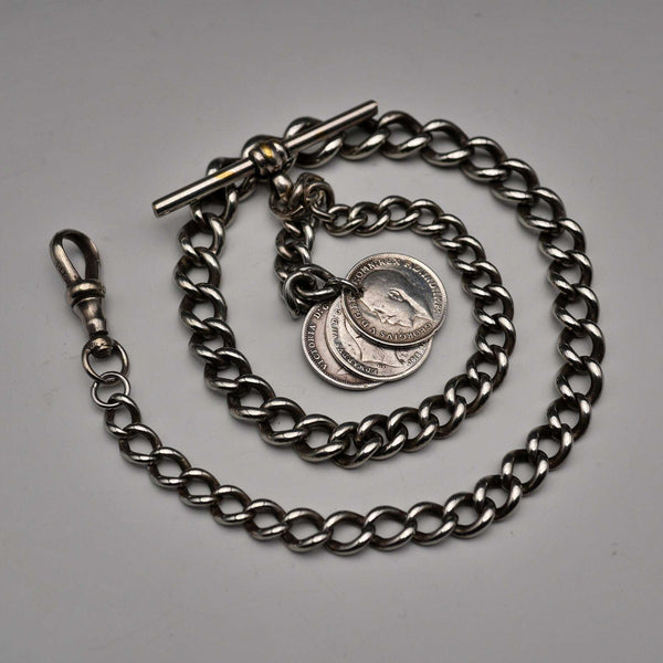 Vintage Silver Plated Albert Chain with 3 Pence Coin Fob