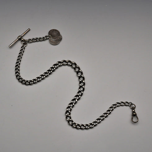 Vintage Silver Plated Albert Chain with 3 Pence Coin Fob