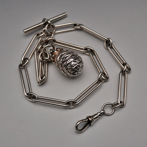 British Antique Sterling Silver Albert Chain 34g Trombone Link Pineapple Fob