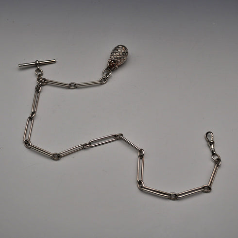 British Antique Sterling Silver Albert Chain 34g Trombone Link Pineapple Fob