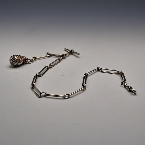British Antique Sterling Silver Albert Chain 34g Trombone Link Pineapple Fob