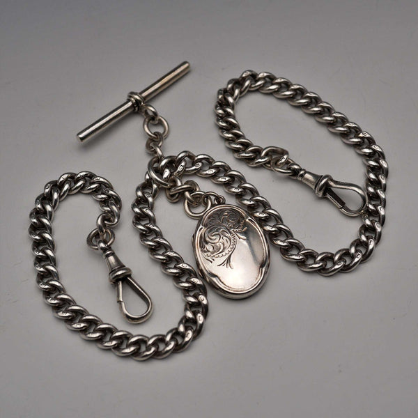 Antique British Sterling Silver Double Albert Chain 51g with Sterling Silver Locket Fob
