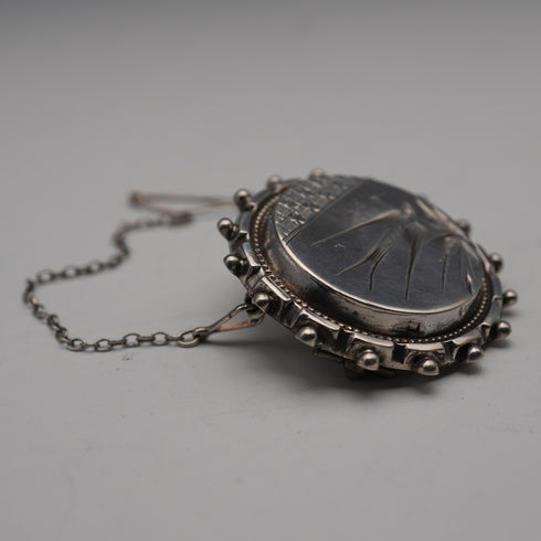 1893 English Antique Sterling Silver Hand-Engraved Swallow 2-Way Locket Brooch