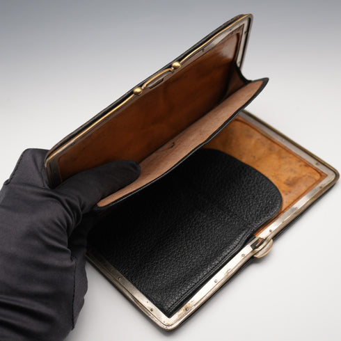 1896 English Antique Sterling Silver Mounted Black Leather Wallet by Charles Penny Brown