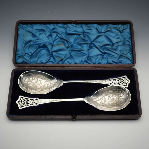 British Antique Silver Plated Serving Spoon Pair, John Sanderson