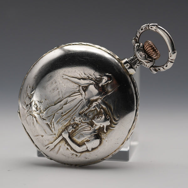 Circa 1907 Antique Longines Pocket Watch, Relief Engraved Silver Hunter Case, Good Working Condition
