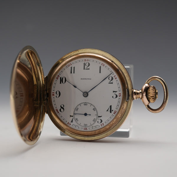 Circa 1930 Switzerland Zenith Pocket Watch Swan Neck Mechanical Gold Plated Hunter Case Good Working Order