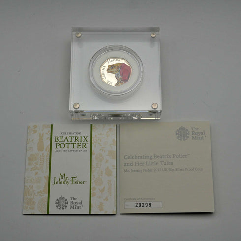 UK Beatrix Potter 150th Anniversary "Jeremy Fisher" 50p Proof Silver Coin with Royal Mint Case and Certificate 29298