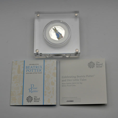 United Kingdom Beatrix Potter 150th Anniversary "Peter Rabbit" 50 Pence Commemorative Silver Coin Royal Mint, with Case and Booklet 00981