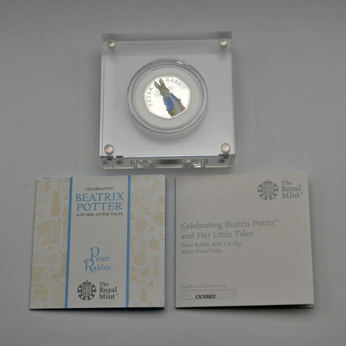 United Kingdom Beatrix Potter 150th Anniversary "Peter Rabbit" 50 Pence Commemorative Silver Coin Royal Mint, with Case and Booklet 00981
