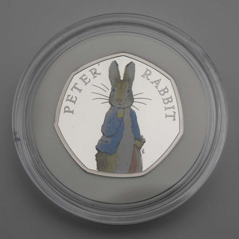 United Kingdom Beatrix Potter 150th Anniversary "Peter Rabbit" 50 Pence Commemorative Silver Coin Royal Mint, with Case and Booklet 00981
