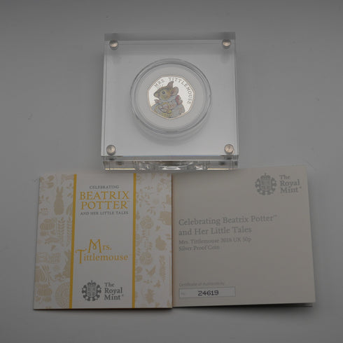 UK Beatrix Potter 150th Anniversary "Mrs. Tittlemouse" 50 Pence Commemorative Silver Coin Royal Mint with Case and Booklet 24619