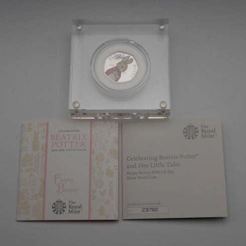 United Kingdom Beatrix Potter 150th Anniversary "Flopsy Bunny" 50p Proof Silver Coin Royal Mint, with Case and Certificate of Authenticity 23782