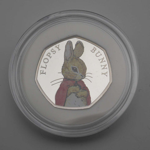 United Kingdom Beatrix Potter 150th Anniversary "Flopsy Bunny" 50p Proof Silver Coin Royal Mint, with Case and Certificate of Authenticity 23782