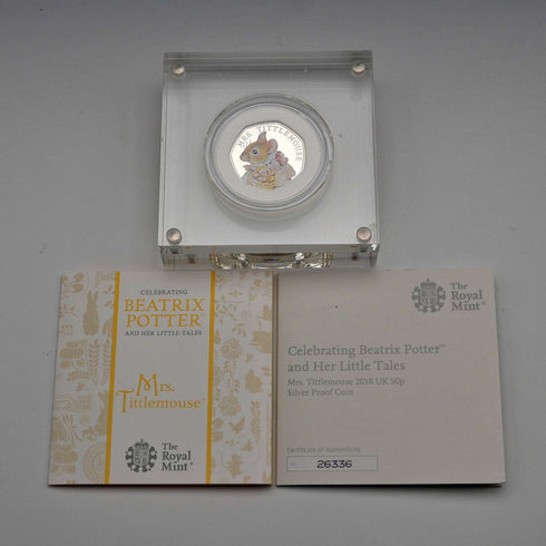 United Kingdom Beatrix Potter 150th Anniversary "Mrs. Tittlemouse" 50p Proof Silver Coin Royal Mint with Case and Certificate 26336