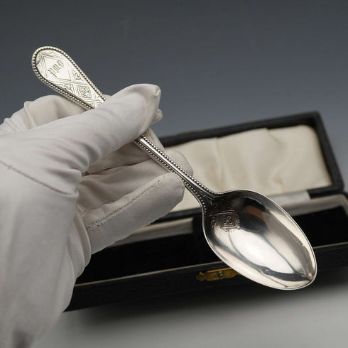 1866 British Antique Solid Silver Christening Spoon, 37g, Cased, Martin, Hall & Co