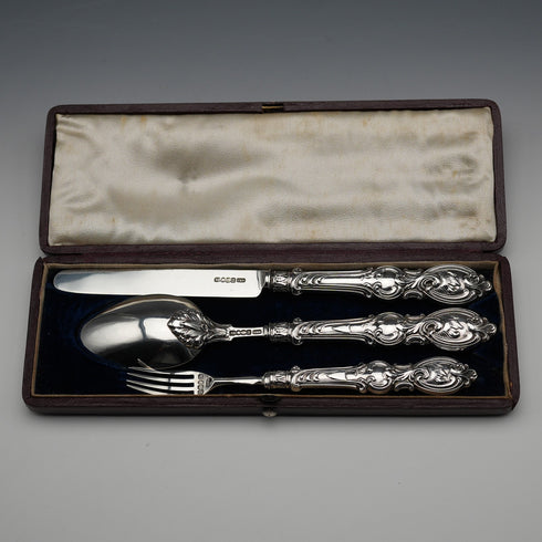 1846 British Antique Sterling Silver Christening Cutlery Set, Total 65g, Cased by Yapp & Woodward