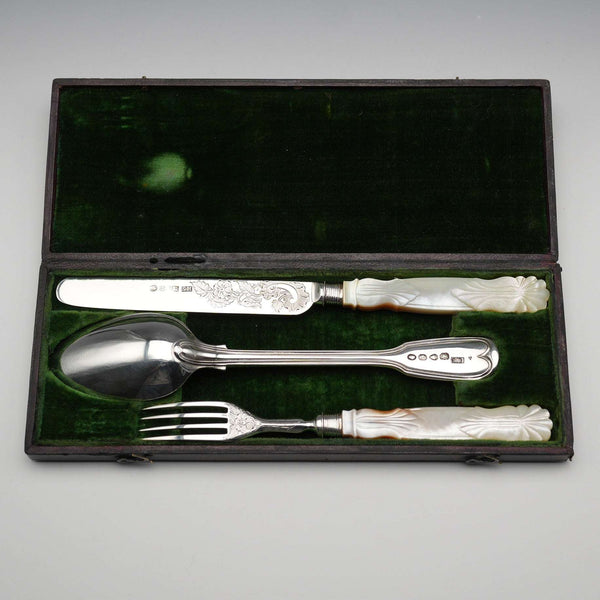 Circa 1838 English Antique Sterling Silver & Mother-of-Pearl Christening Cutlery Set in Case by Samuel Harwood