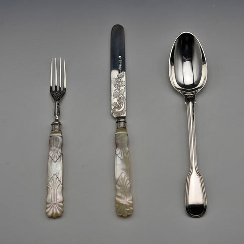 Circa 1838 English Antique Sterling Silver & Mother-of-Pearl Christening Cutlery Set in Case by Samuel Harwood