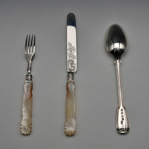 Circa 1838 English Antique Sterling Silver & Mother-of-Pearl Christening Cutlery Set in Case by Samuel Harwood